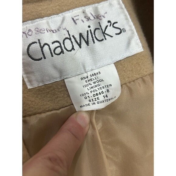 Vintage Chadwick’s 100% Wool Coat Sz 14 Double Breasted Tan Camel 48” Long - Picture 4 of 16